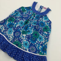 Flowers Blue, White & Green Cotton Tunic Blouse  - Girls 6-7 Years