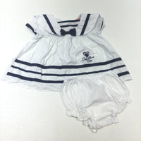 'Deep Blue Sea' Heart Sailor Style Navy & White Cotton Tunic Top & Nappy Pants Set - Girls 3-6 Months