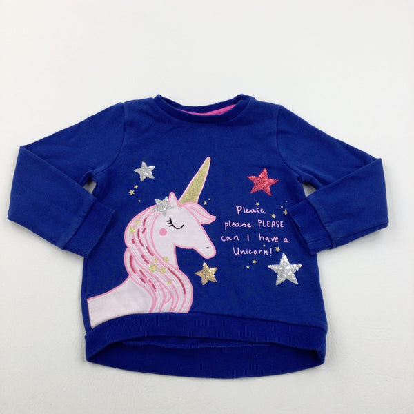 'Please Please Please Can I Have A Unicorn!' Appliqued Glittery Sequin Pink & Blue Jumper - Girls 3-4 Years