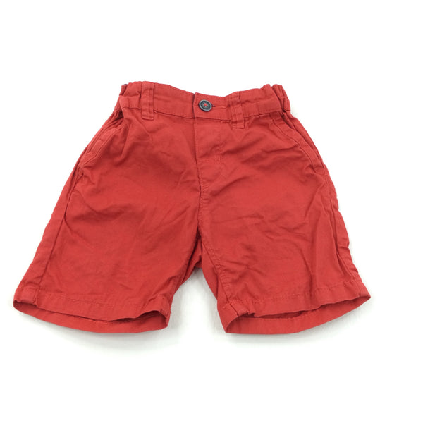 Red Lightweight Cotton Twill Shorts with Adjustable Waistband - Boys 9-12 Months