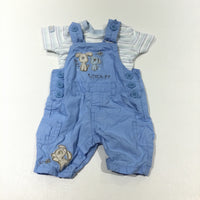 'Big Pup, Little Pup' Dogs Appliqued Blue Cotton Short Dungarees & White, Green & Blue T-Shirt Set - Boys Newborn