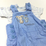 'Big Pup, Little Pup' Dogs Appliqued Blue Cotton Short Dungarees & White, Green & Blue T-Shirt Set - Boys Newborn