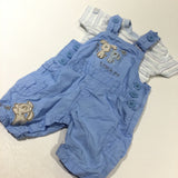 'Big Pup, Little Pup' Dogs Appliqued Blue Cotton Short Dungarees & White, Green & Blue T-Shirt Set - Boys Newborn