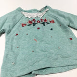 Flowers Embroidered Green Sweatshirt with Lacey Neckline Detail - Girls Newborn