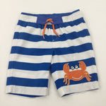 Crab Appliqued Blue & White Striped Swim Shorts - Boys 2-3 Years