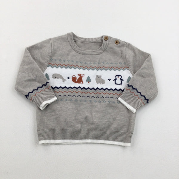 Animals Grey Knitted Jumper - Boys 6-9 Months