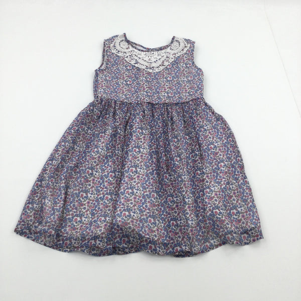 Flowers Pink, White & Blue Lined Lightweight Polyester Dress - Girls 10 Years