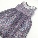 Flowers Pink, White & Blue Lined Lightweight Polyester Dress - Girls 10 Years