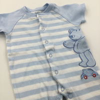 Teddy Bear & Car Appliqued Blue & White Striped Jersey Short Romper - Boys Newborn