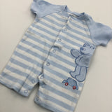 Teddy Bear & Car Appliqued Blue & White Striped Jersey Short Romper - Boys Newborn