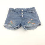 Flowers Embroidered Light Blue Denim Shorts - Girls 7-8 Years