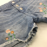 Flowers Embroidered Light Blue Denim Shorts - Girls 7-8 Years