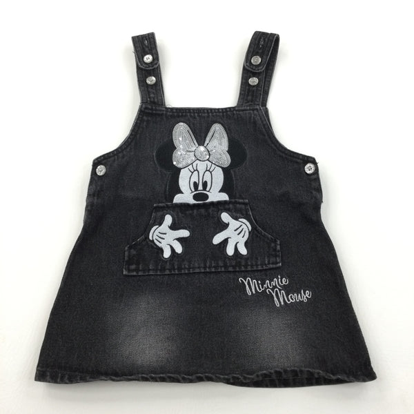 'Minnie Mouse' Embroidered Black Denim Dungaree Dress - Girls 12-18 Months