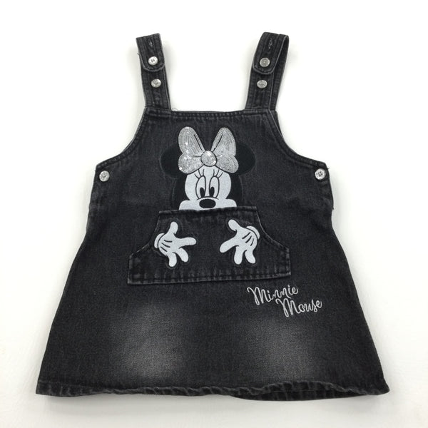 Minnie Mouse Embroidered Black Denim Dungaree Dress Girls 12 18 Months