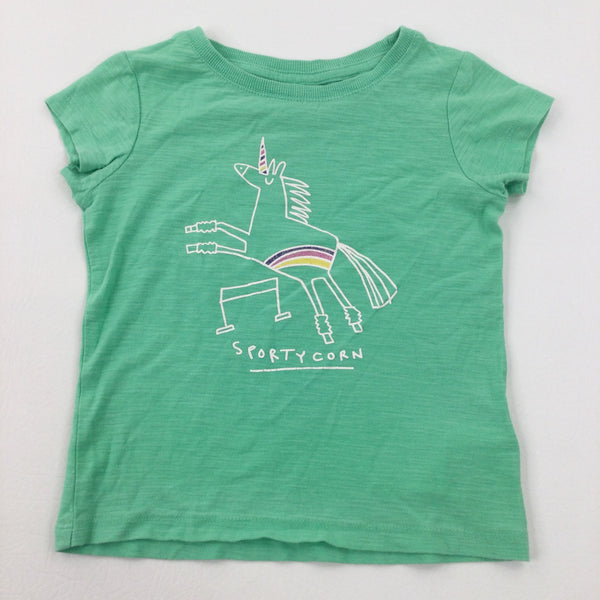 'Sportycorn' Hurdling Unicorn Green T-Shirt - Girls 2-3 Years