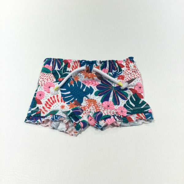 Flowers & Leaves Colourful White Jersey Shorts - Girls 0-3 Months