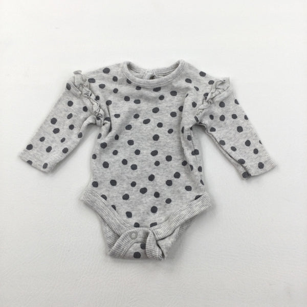 Grey Spotty Long Sleeve Bodysuit with Frill Detail - Girls Tiny Baby