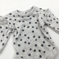 Grey Spotty Long Sleeve Bodysuit with Frill Detail - Girls Tiny Baby