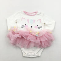 Cat Face White Long Sleeve Bodysuit With Attached Skirt - Girls 6-9 Months