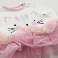Cat Face White Long Sleeve Bodysuit With Attached Skirt - Girls 6-9 Months
