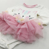 Cat Face White Long Sleeve Bodysuit With Attached Skirt - Girls 6-9 Months