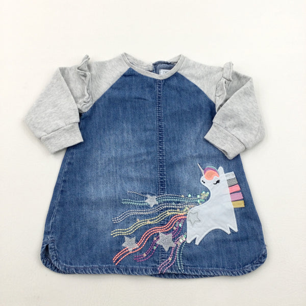 Unicorn Appliqued Denim & Grey Jersey Dress - Girls 6-9 Months