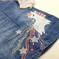 Unicorn Appliqued Denim & Grey Jersey Dress - Girls 6-9 Months