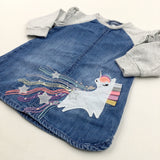 Unicorn Appliqued Denim & Grey Jersey Dress - Girls 6-9 Months