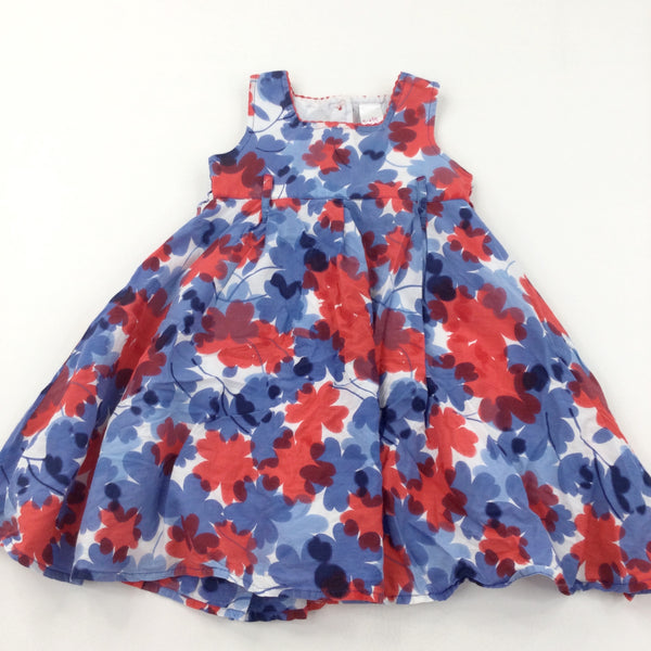 Flowers Blue, Red & White Cotton Sun/Party Dress - Girls 2-3 Years