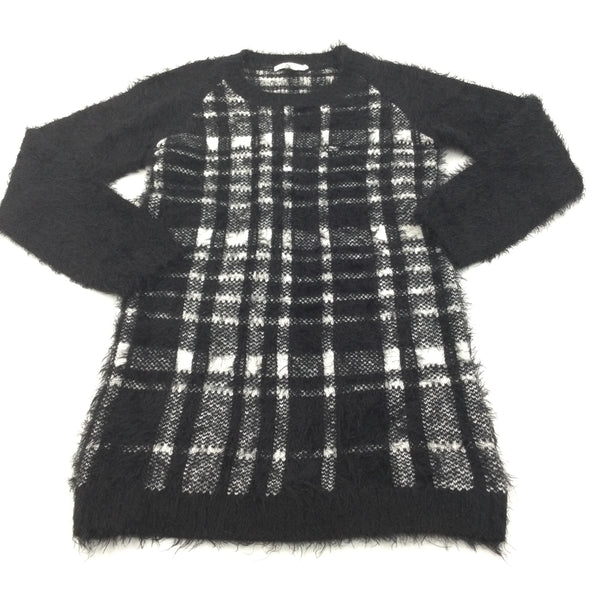 Black & White Checked Fluffy Thick Knitted Dress - Girls 12-13 Years