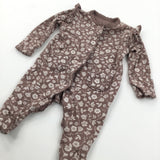 Flowers Brown Babygrow with Frill Detail & Integrated Mitts - Girls Newborn