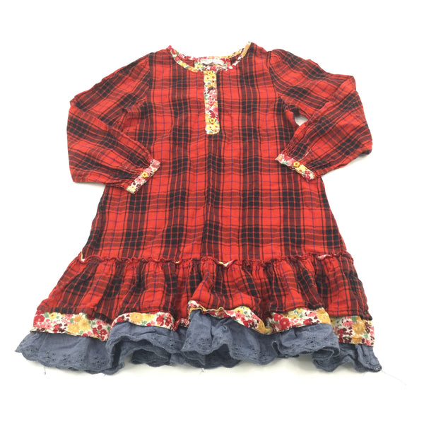 Red Black & Blue Checked Dress with Blue & Flowery Hems - Girls 5-6 Years