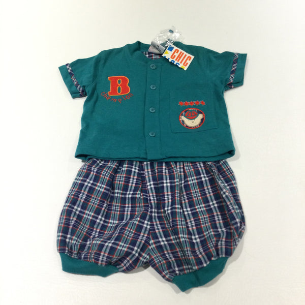 'B Champion' Bear Badge Appliqued Green Button Up T-Shirt & Checked Cotton Shorts Set - Boys 6-9 Months