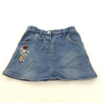 Flowers & Ladybird Embroidered Light Blue Denim Skirt with Adjustable Waistband - Girls 2-3 Years