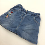 Flowers & Ladybird Embroidered Light Blue Denim Skirt with Adjustable Waistband - Girls 2-3 Years