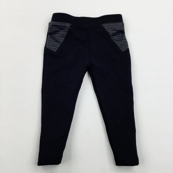 Leather Effect Pockets Thick Black Leggings - Girls 9-12 Months