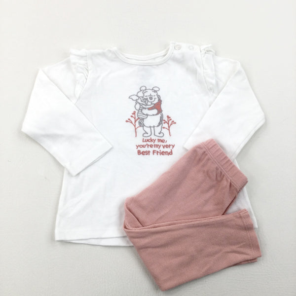 'Lucky Me' Winnie The Pooh & Piglet Embroidered White Top & Pink Ribbed Leggings - Girls 9-12 Months