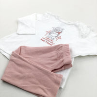 'Lucky Me' Winnie The Pooh & Piglet Embroidered White Top & Pink Ribbed Leggings - Girls 9-12 Months