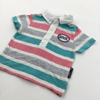 'Baby K' Pink, Green & Grey Striped Polo Shirt - Boys 3-6 Months