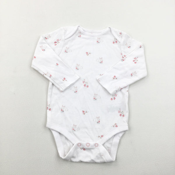 Bunnies & Flowers White Long Sleeve Bodysuit - Girls 9-12 Months