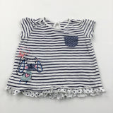 Dog Appliqued Navy & White Striped T-Shirt - Girls 6-9 Months