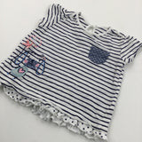 Dog Appliqued Navy & White Striped T-Shirt - Girls 6-9 Months