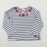 Flowers White & Navy Striped Long Sleeve Top - Girls 3-4 Years