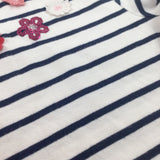 Flowers White & Navy Striped Long Sleeve Top - Girls 3-4 Years