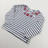 Flowers White & Navy Striped Long Sleeve Top - Girls 3-4 Years