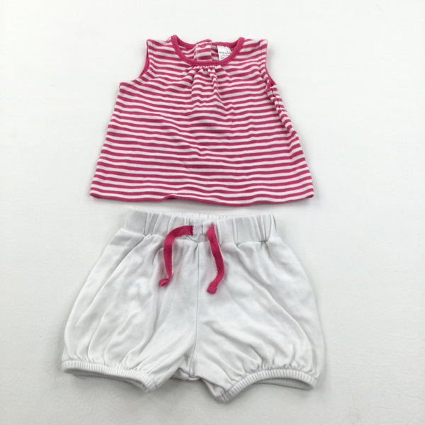 Pink & White Striped Vest Top & White Jersey Shorts Set - Girls 3-6 Months