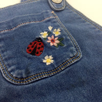 Flowers Embroidered Blue Denim Dungaree Dress - Girls 3-4 Years