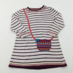 Cream & Burgundy Striped Knitted Dress With Faux Handbag - Girls 3-4 Years