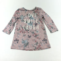 'Love, Smile, Laugh' Butterflies & Flowers Dusky Pink Jersey Dress - Girls 9-12 Months