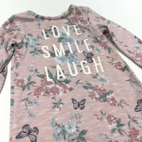 'Love, Smile, Laugh' Butterflies & Flowers Dusky Pink Jersey Dress - Girls 9-12 Months